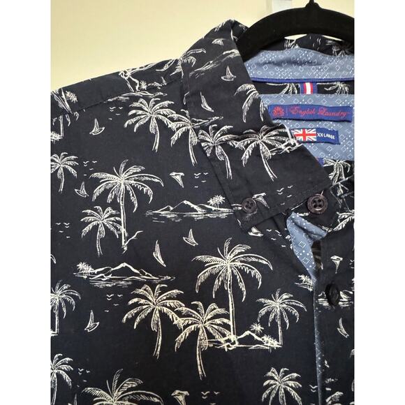 English Laundry Shirt Men 2X Navy Palm Tree Print Cotton Button Up Pocket Resort - Picture 3 of 7